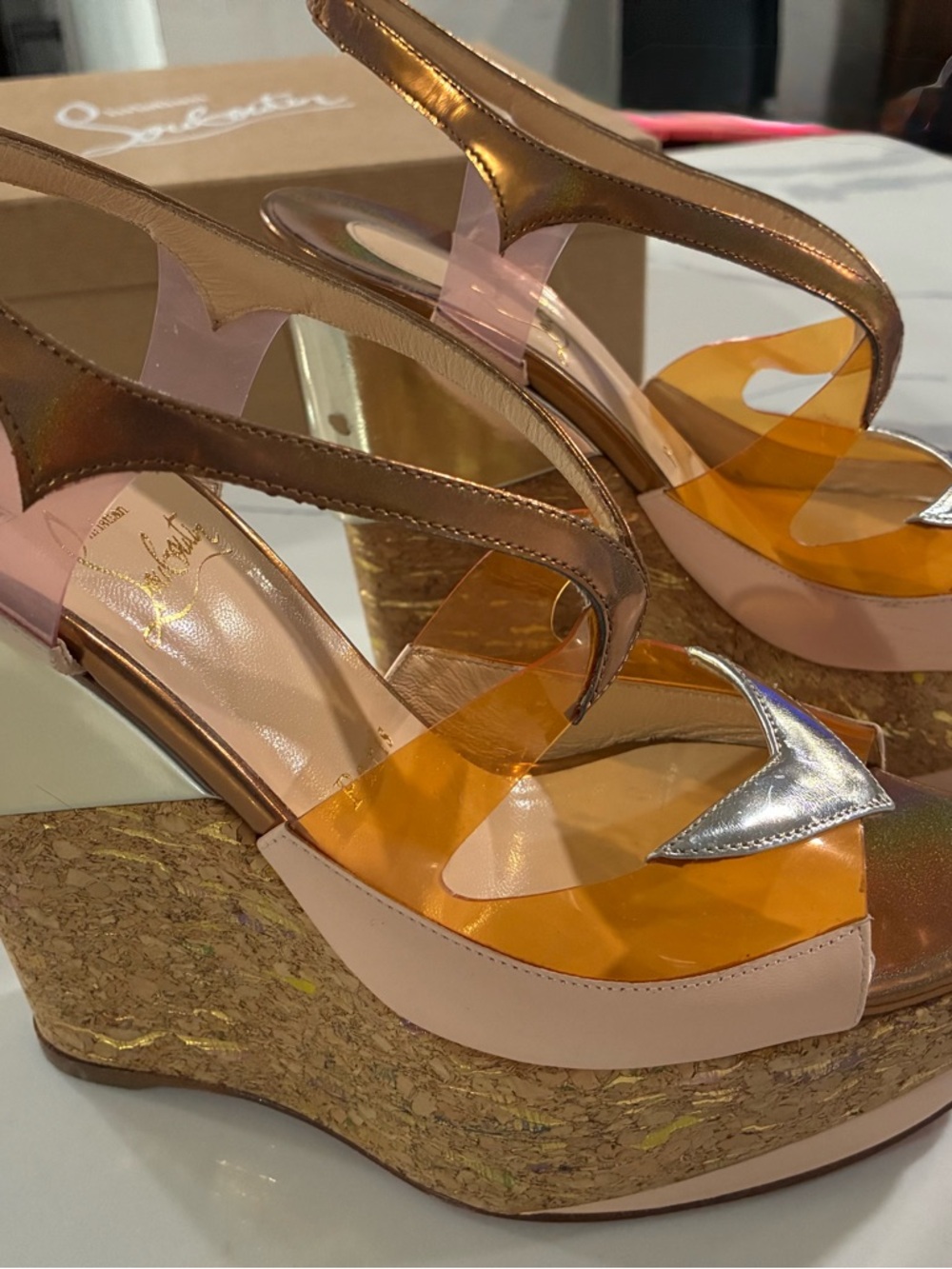 Christian Louboutin Pink, Gold and Orange Cork Wedge Sandals